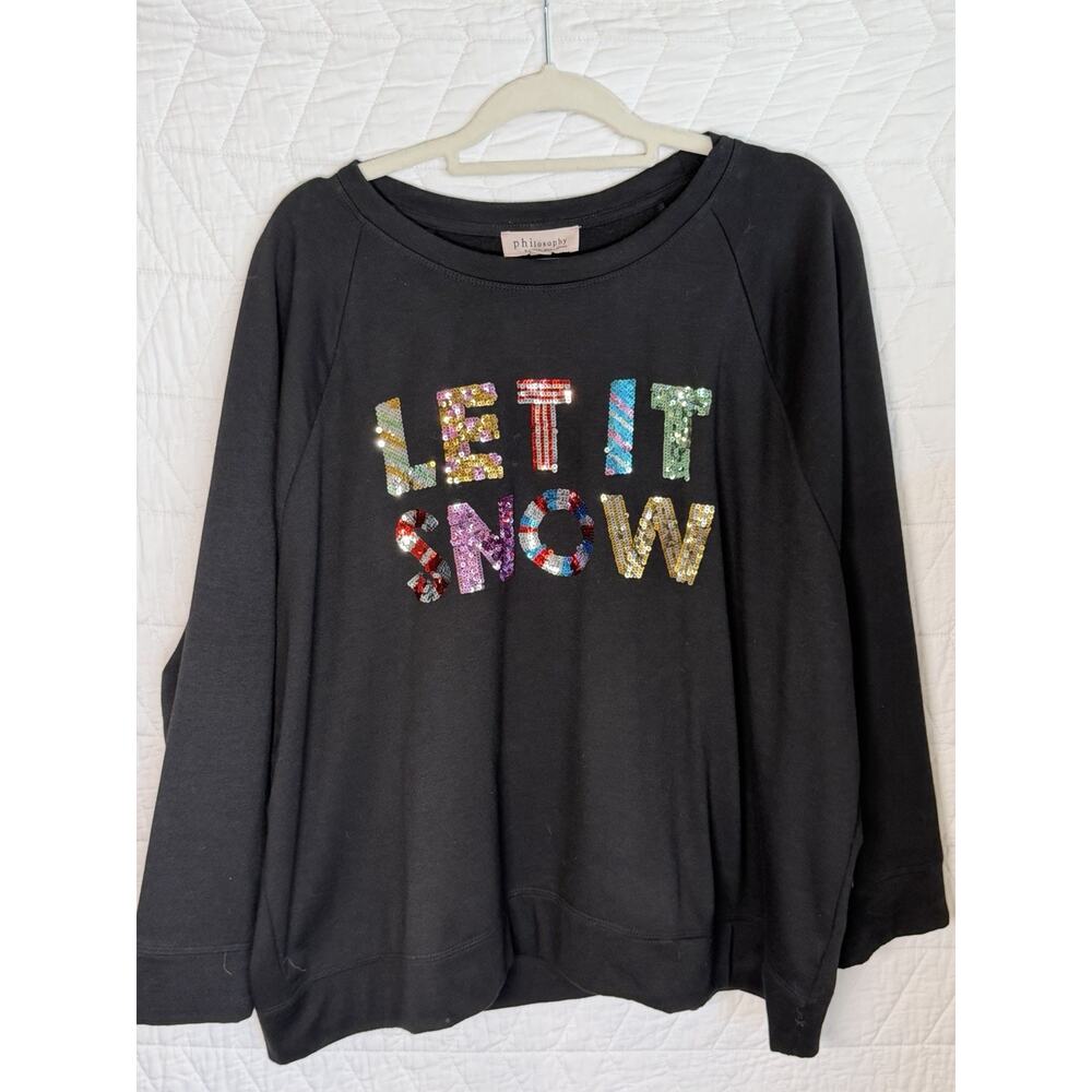 Philosophy Let It Snow Sequin Graphic Pullover Sweater Black Crew Raglan 2X